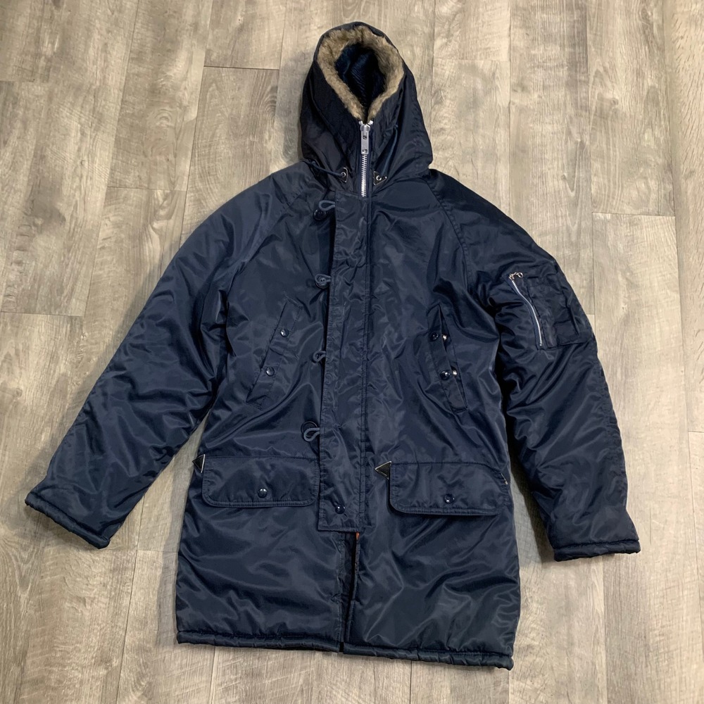 Vintage 70s Navy N-3B Snorkel Parka Faux Fur Hood Quilted Liner Korea Men's M
